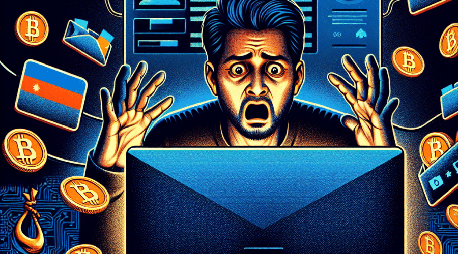 "Shocked man sitting at computer with multiple drained digital wallet icons, alarmed by a phishing hook symbolizing fake Zoom update, subtly set against a North Korean flag backdrop in brand shades of Dark Blue and Midnight Blue. A cautionary tale of cyber fraud in vibrant Orange highlights."