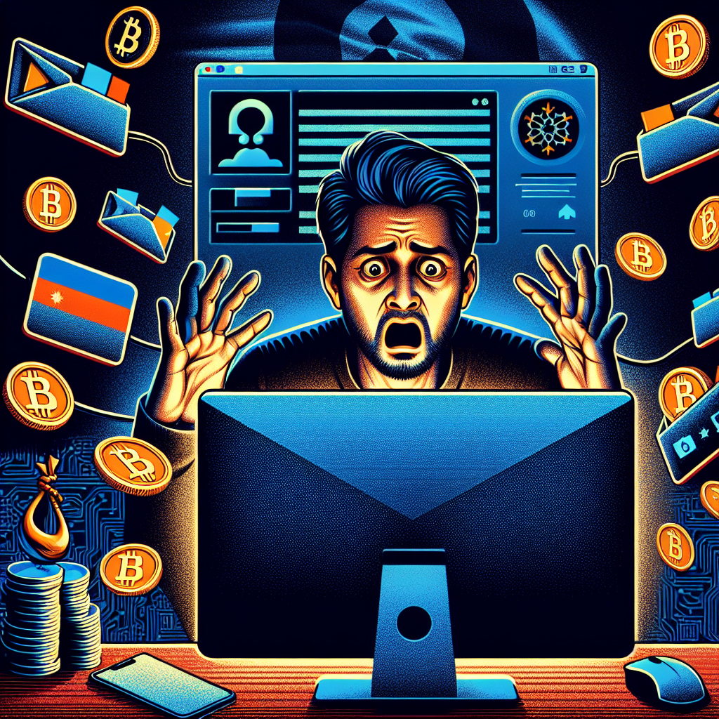 "Shocked man sitting at computer with multiple drained digital wallet icons, alarmed by a phishing hook symbolizing fake Zoom update, subtly set against a North Korean flag backdrop in brand shades of Dark Blue and Midnight Blue. A cautionary tale of cyber fraud in vibrant Orange highlights."