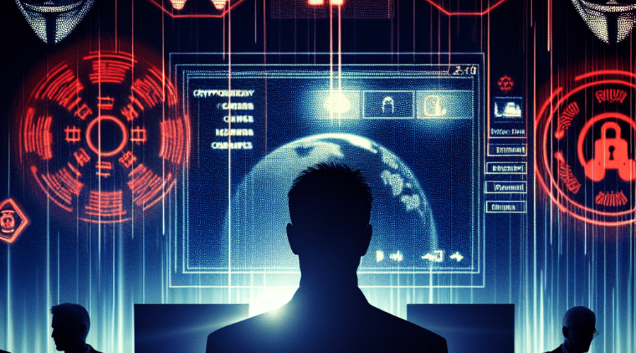 "Imagen que muestra la silueta en azul medianoche del ex ejecutivo de Animoca, Mehdi Farooq, mirando una pantalla de ordenador donde se ve el icono de Zoom y símbolos de criptomonedas. La pantalla emite una luz naranja, donde se visualizan peligrosos símbolos cibernéticos en azul oscuro como una calavera, huesos cruzados y la bandera de Corea del Norte que representan al grupo de hackers Lazarus. En el fondo, se aprecian las siluetas parciales de dos figuras que representan a los hackers disfrazados y señales de audio NULL que indican sus falsos fallos técnicos. El fondo es una mezcla degradada de los tres colores de la marca. El tamaño de la imagen es de 1200 x 628 píxeles. Se superpone el título 'Phishing Intrigue: Ex-Animoca Exec, Zoom, & North Korean Hackers' en la parte superior en letras mayúsculas, en negrita y de color blanco".