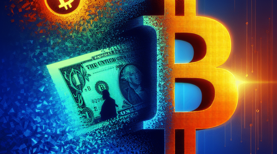 "Conceptual image representing the impact of Federal Reserve rate cut on Bitcoin symbolized by a diminishing dollar bill, Federal reserve silhouette in the background, and a rising vibrant orange Bitcoin symbol against a dark to midnight blue gradient background."