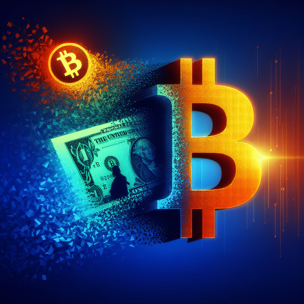 "Conceptual image representing the impact of Federal Reserve rate cut on Bitcoin symbolized by a diminishing dollar bill, Federal reserve silhouette in the background, and a rising vibrant orange Bitcoin symbol against a dark to midnight blue gradient background."
