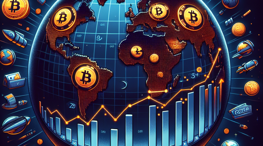 "1200x628 vibrant image illustrating global cryptocurrency adoption featuring a globe with distinct U.K., U.S., France, and Singapore outlined in glowing orange crypto symbols including Bitcoin and Memecoin in dark and midnight blues. Foreground features upward trending graphs denoting rising Memecoin ownership and market cap. Caption 'Global State of Crypto 2025: The Surge in Memecoins' is highlighted in bold orange at the bottom."