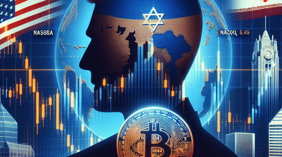 "SEO alt-text: Downward trend in S&P, Nasdaq and Dow Jones indices depicted on a stock market graph, overlaid with the silhouette of Donald Trump's profile and Truth Social post, amid an orange (#FF9811) and dark blue (#000D43) background. U.S., Israeli and Iranian flag symbols, along with conflict imagery, subtly integrated, influencing volatility in Bitcoin value. G7 Summit logo and the Federal Reserve building subtly incorporated, suggesting international influence. Overall theme expressing stock market unpredictability and global tension in our brand midnight blue (#021B88) colors."