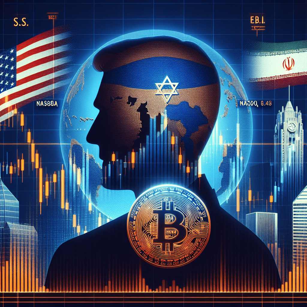 "SEO alt-text: Downward trend in S&P, Nasdaq and Dow Jones indices depicted on a stock market graph, overlaid with the silhouette of Donald Trump's profile and Truth Social post, amid an orange (#FF9811) and dark blue (#000D43) background. U.S., Israeli and Iranian flag symbols, along with conflict imagery, subtly integrated, influencing volatility in Bitcoin value. G7 Summit logo and the Federal Reserve building subtly incorporated, suggesting international influence. Overall theme expressing stock market unpredictability and global tension in our brand midnight blue (#021B88) colors."