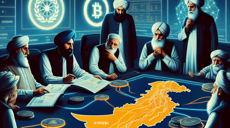 "Pakistani government officials discussing around a dark blue digital map featuring orange highlighted crypto and AI centres with 2000MW power allocation, shown against locations of power shortages, with the midnight blue IMF logo in the background signaling potential issues. Image size 1200x628 pixels."