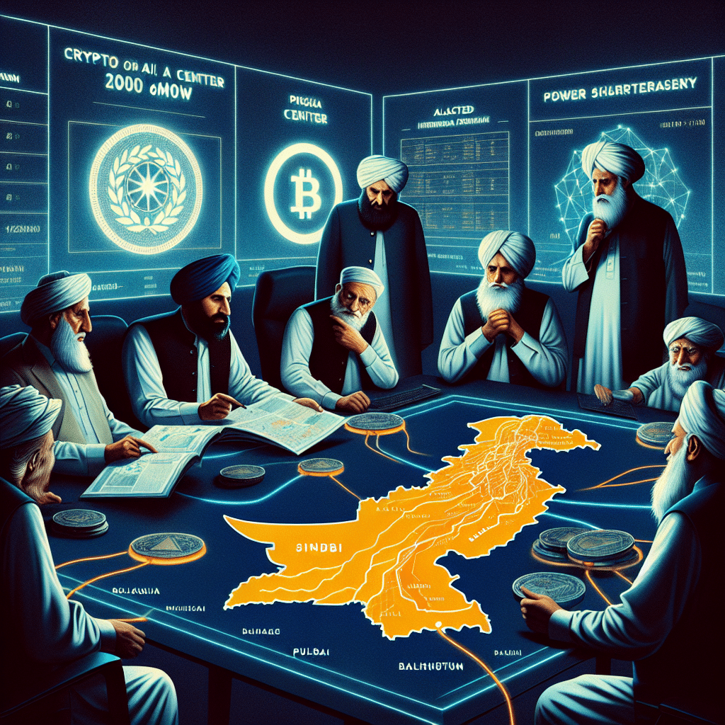 "Pakistani government officials discussing around a dark blue digital map featuring orange highlighted crypto and AI centres with 2000MW power allocation, shown against locations of power shortages, with the midnight blue IMF logo in the background signaling potential issues. Image size 1200x628 pixels."