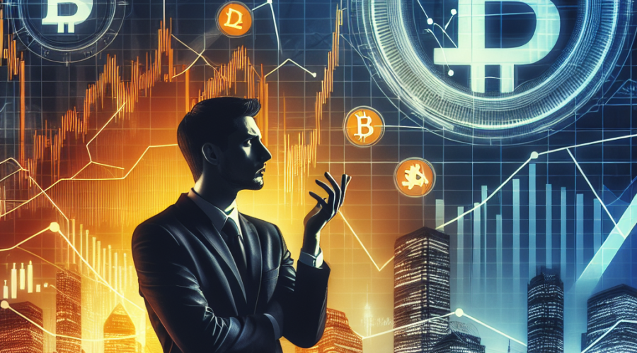 "JPMorgan CEO Jamie Dimon, presented as a silhouette, showing caution about Bitcoin despite allowing customers to trade it; against a striking background of financial graphs, Bitcoin logo, and the New York skyline, embodying Wall Street. Predominant colours are Orange, Dark Blue and Midnight Blue, proportioned in a 1200x628 pixels image."
