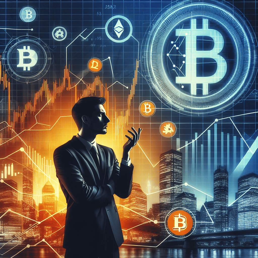 "JPMorgan CEO Jamie Dimon, presented as a silhouette, showing caution about Bitcoin despite allowing customers to trade it; against a striking background of financial graphs, Bitcoin logo, and the New York skyline, embodying Wall Street. Predominant colours are Orange, Dark Blue and Midnight Blue, proportioned in a 1200x628 pixels image."