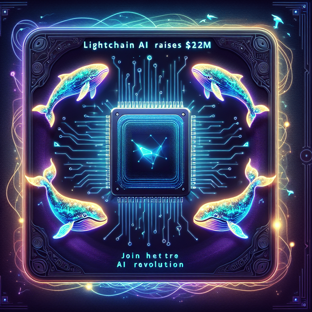 "Chip de IA brillante con el logo de Lightchain AI, rodeado de ballenas digitales en tonos de #FF9811 y #021B88 contra un fondo #000D43. En la parte superior, 'Lightchain AI recauda $21m' en fuentes audaces de azul medianoche. En la parte inferior, 'Únete a la revolución de la IA' en fuente naranja. Imagen de 1200 x 628 píxeles para una vista óptima."
