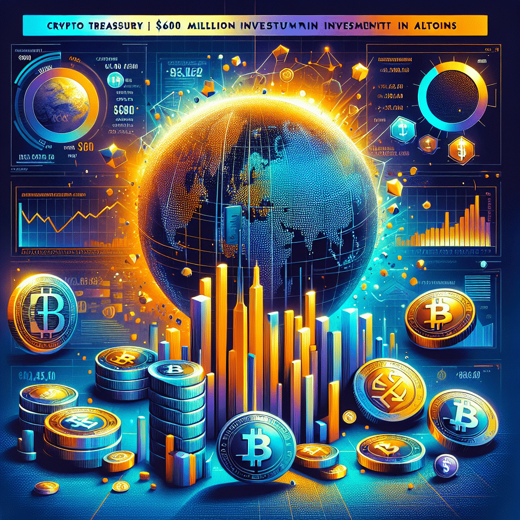 "Abstract digital artwork visualizing LGHL Lion Group Holding's impactful 0 million crypto treasury investment in Hyperliquid, Solana, and Sui tokens - showcasing Singapore globe, cryptocurrency coins and uplifting NASDAQ trend. This vibrant piece underscores big industry move in the crypto realm on a dynamic midnight blue gradient backdrop with orange highlights, embodying the company's forward-thinking ethos."