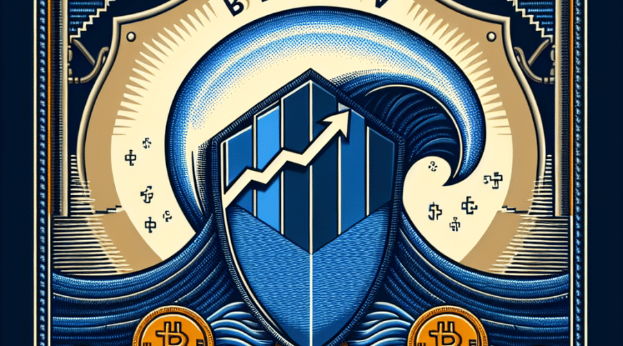 "Minimalist design depicting a dynamic protective shield with the 'Believe' logo at the center, guarding stylized memecoins against a wave of dark and midnight blue rugs, signifying the market volatility, overlaid with a semi-transparent market cap graph demonstrating the surging value of LAUNCHCOIN, all accented with brand-specific orange color for optimal contrast and aesthetic balance."
