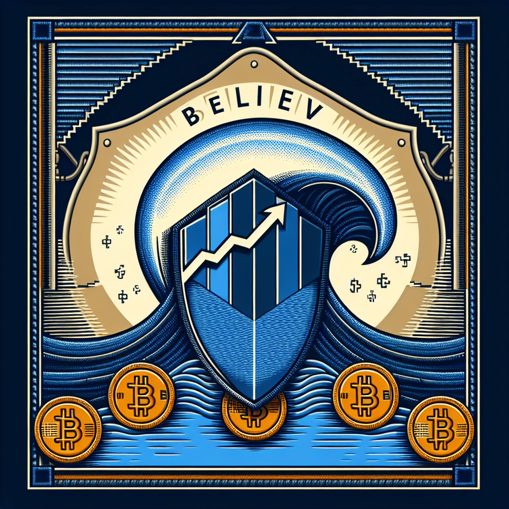 "Minimalist design depicting a dynamic protective shield with the 'Believe' logo at the center, guarding stylized memecoins against a wave of dark and midnight blue rugs, signifying the market volatility, overlaid with a semi-transparent market cap graph demonstrating the surging value of LAUNCHCOIN, all accented with brand-specific orange color for optimal contrast and aesthetic balance."