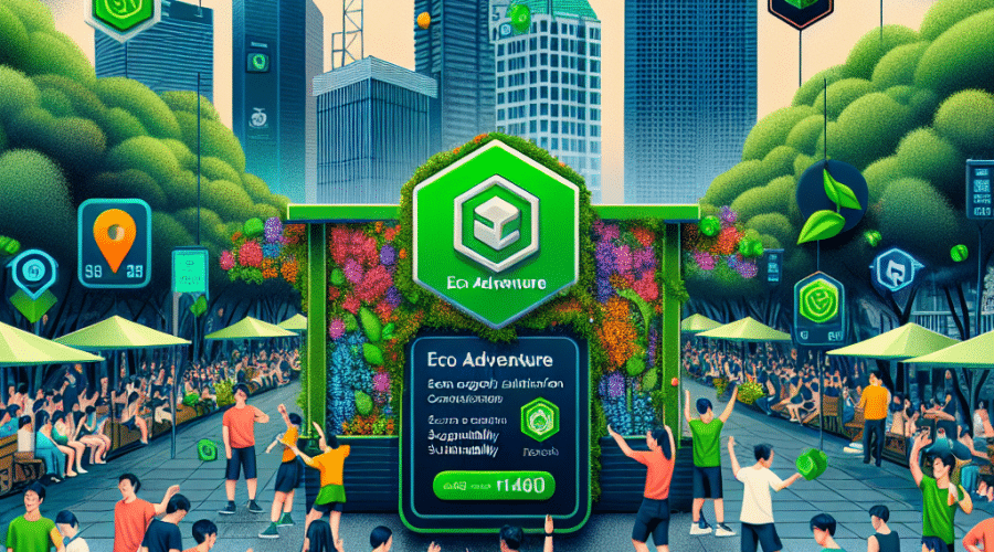 "An NFT marketplace event at City Square Mall in Singapore with Mintable's logo prominently displayed. Participants engaging in an Eco Adventure card game and scanning eco-friendly installations to earn digital badges. The exciting blend of physical and digital world showcases sustainability and integration of web3 technology. Features includes Green Stop NFTs and elements representing blockchain, colored in brand colors Orange, Dark Blue, and Midnight Blue. The design promotes youth engagement, sustainability, and blockchain technology in a balanced way. Dimensions: 1200 x 628 pixels."