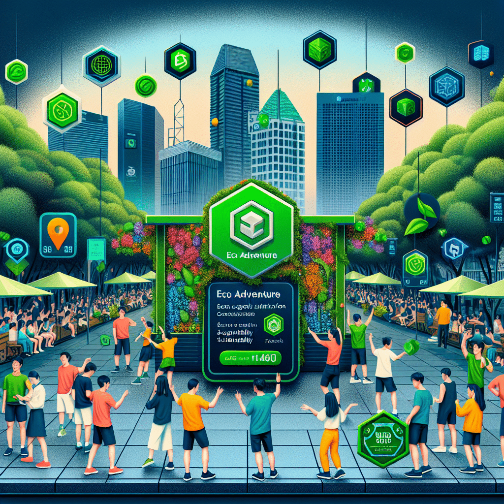 "An NFT marketplace event at City Square Mall in Singapore with Mintable's logo prominently displayed. Participants engaging in an Eco Adventure card game and scanning eco-friendly installations to earn digital badges. The exciting blend of physical and digital world showcases sustainability and integration of web3 technology. Features includes Green Stop NFTs and elements representing blockchain, colored in brand colors Orange, Dark Blue, and Midnight Blue. The design promotes youth engagement, sustainability, and blockchain technology in a balanced way. Dimensions: 1200 x 628 pixels."