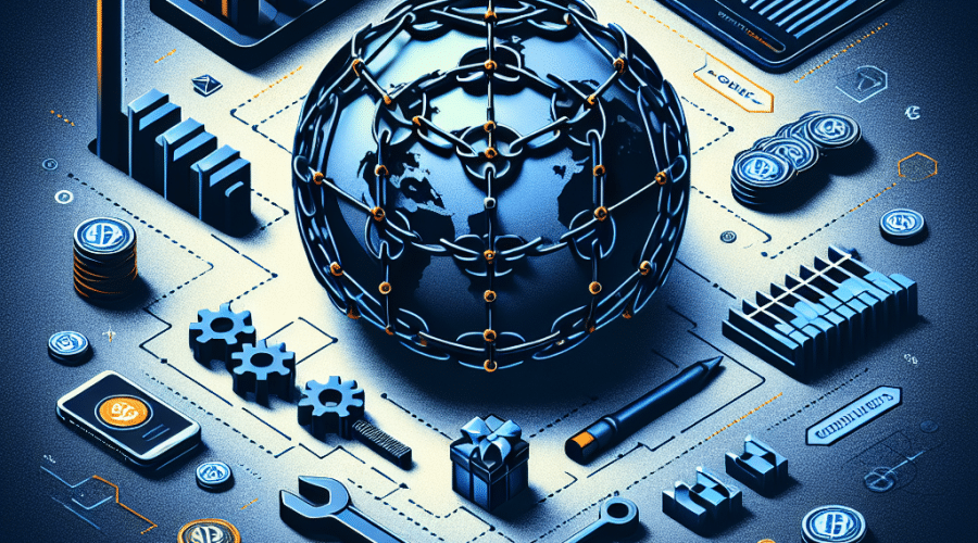 "Dark blue background featuring a 3D collage with a chain, financial charts, gears, coins, a OneBalance toolkit, and a globe symbolizing blockchain's global reach. Bold orange text 'OneBalance Raises M for Web3 Cross-Chain Integration' in a minimalistic sans-serif font. Company logo and phrase 'Revolutionizing Blockchain User Experience' in a subtly styled font at the bottom."
