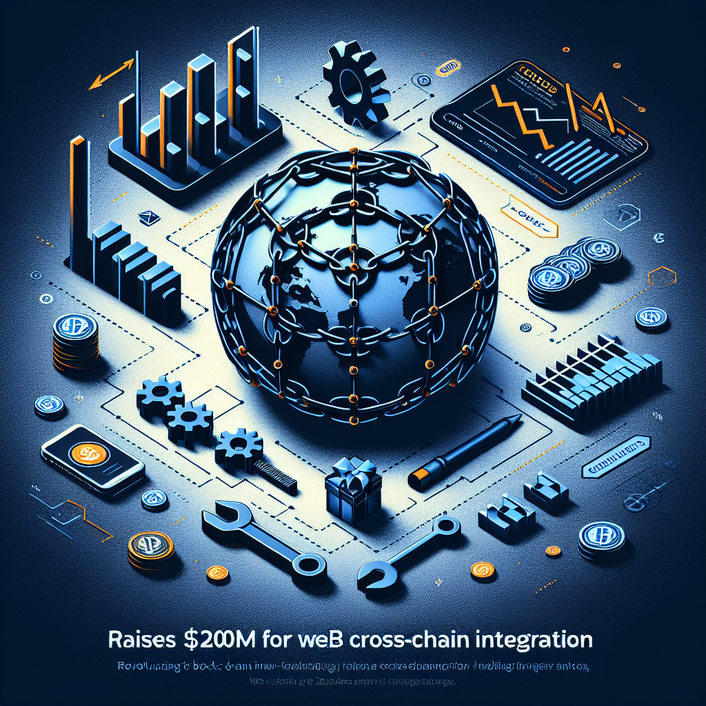 "Dark blue background featuring a 3D collage with a chain, financial charts, gears, coins, a OneBalance toolkit, and a globe symbolizing blockchain's global reach. Bold orange text 'OneBalance Raises M for Web3 Cross-Chain Integration' in a minimalistic sans-serif font. Company logo and phrase 'Revolutionizing Blockchain User Experience' in a subtly styled font at the bottom."