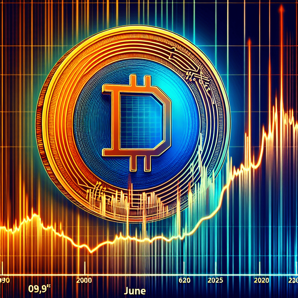 "Símbolo del token WEMIX en naranja (#FF9811) sobre un gráfico fluctuante que representa su valor a lo largo del tiempo, con azul oscuro (#000D43) para los bajos y azul medianoche (#021B88) para los altos. Fechas y precios específicos como '1 de junio de 2025 - $0.195' y '5 de junio de 2025 - $0.454' marcados en el gráfico. Encabezado 'Predicción del precio de WEMIX: Un viaje en montaña rusa' en una fuente llamativa. Imagen final de 1200 x 628 píxeles."