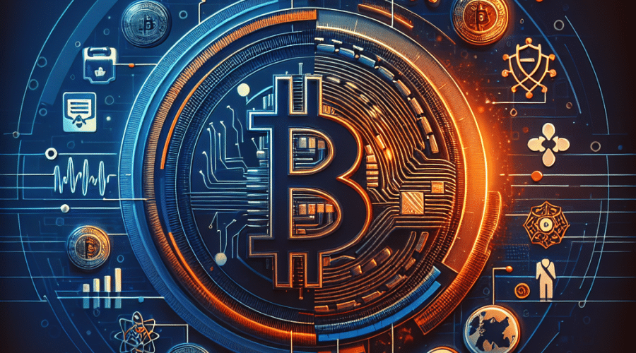 "Abstract concept depicting the fusion of biotechnology and cryptocurrency, showcasing Prenetics company logo and Bitcoin icon. Rich palette of orange, dark blue, and midnight blue, unified by a bold, dark blue border. A sophisticated representation of healthcare, finance, and cryptocurrency; image size of 1200x628 pixels."