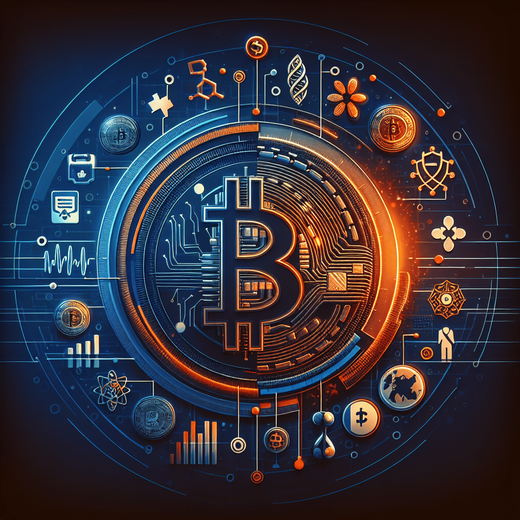 "Abstract concept depicting the fusion of biotechnology and cryptocurrency, showcasing Prenetics company logo and Bitcoin icon. Rich palette of orange, dark blue, and midnight blue, unified by a bold, dark blue border. A sophisticated representation of healthcare, finance, and cryptocurrency; image size of 1200x628 pixels."