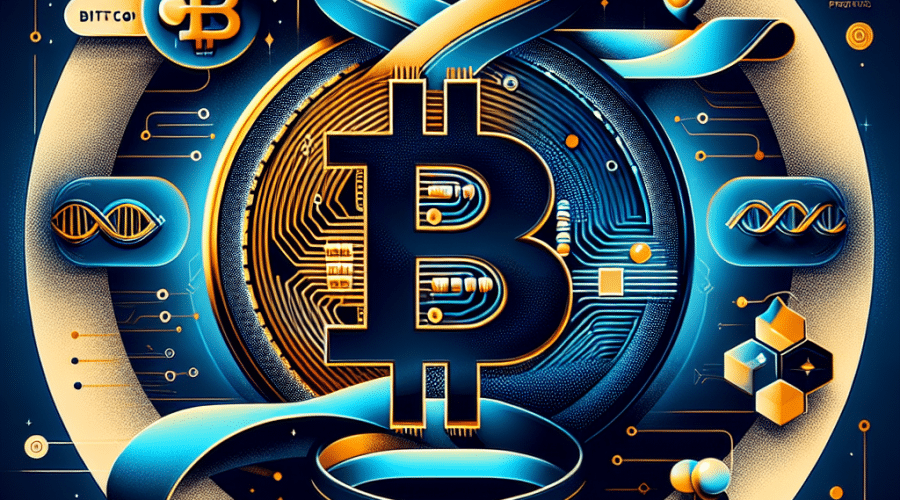 "Imagen de Bitcoin estilizado y doble hélice de ADN como representación de la biotecnología, con el logotipo de Prenetics y gráfico indicando la suma de  millones. El logo de Bitcoin y el texto clave en naranja (#FF9811) sobre fondo gradientado desde azul oscuro (#000D43) hasta azul medianoche (#021B88). Espacio para el texto 'Bitcoin en Biotecnología: la audaz movida de M de Prenetics' en bold blanco y logos posicionados en tres esquinas distintas con visuales de salud, finanzas y biotecnología."