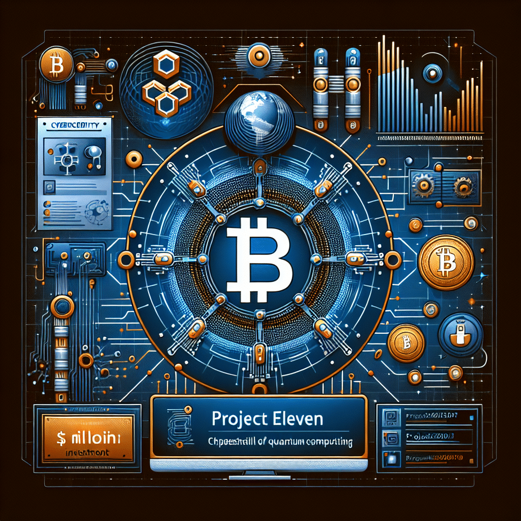 "Project Eleven logo against a dark blue and midnight blue backdrop, symbolizing the digital security threat of quantum computing to Bitcoin. A contrasting vibrant orange represents Bitcoin's resistance and resilience in the face of challenges. Image also highlights Project Eleven's substantial investment of  million for advanced cybersecurity solutions. Size: 1200 x 628 pixels."