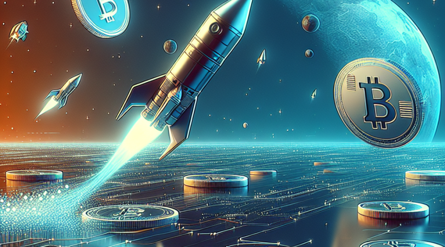 "Blockchain technology represented visually by a futuristic digital landscape in orange #FF9811 and blue shades #000D43 and #021B88. SpaceX rocket in mid-flight amidst floating mirror tokens symbolizing diverse investment values of $50 and $5,000. Republic Platform's logo subtly positioned in the foreground for brand visibility. Optimal image size of 1200X628 for SEO."