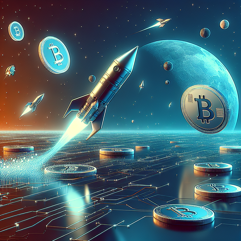 "Blockchain technology represented visually by a futuristic digital landscape in orange #FF9811 and blue shades #000D43 and #021B88. SpaceX rocket in mid-flight amidst floating mirror tokens symbolizing diverse investment values of  and ,000. Republic Platform's logo subtly positioned in the foreground for brand visibility. Optimal image size of 1200X628 for SEO."