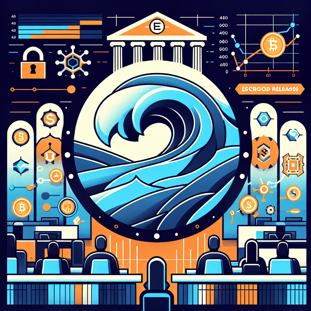 "SEO-friendly alt-text: An illustrative representation of Ripple's escrow account security featuring the Ripple logo, a lock and shield icon to underscore their robust security mechanisms. A U.S. government building image symbolizes governmental impact and involvement, while various technical elements encapsulate tokens and institutional transfers. An incorporation of a line chart signifies timely releases and monthly allocations of 1 billion tokens. All elements are immersed in Ripple's brand colours - Orange (#FF9811), Dark Blue (#000D43), and Midnight Blue (#021B88), against a backdrop of a courtroom denoting legal undertakings. Appropriate for 1200 x 628 pixels."