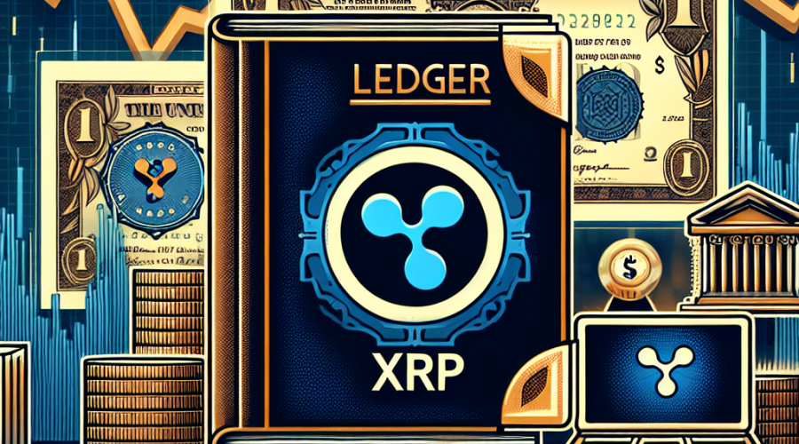 "Ripple XRP symbol displayed on a digital ledger with Guggenheim Partners logo in the backdrop, amidst representations of U.S Treasuries. This image, set against a financial chart illustrating XRP price decline, effortlessly melds themes of cryptocurrency, blockchain technology, and financial market trends. The prominent brand colours of Orange, Dark Blue, and Midnight Blue further add to the overall visual impact."