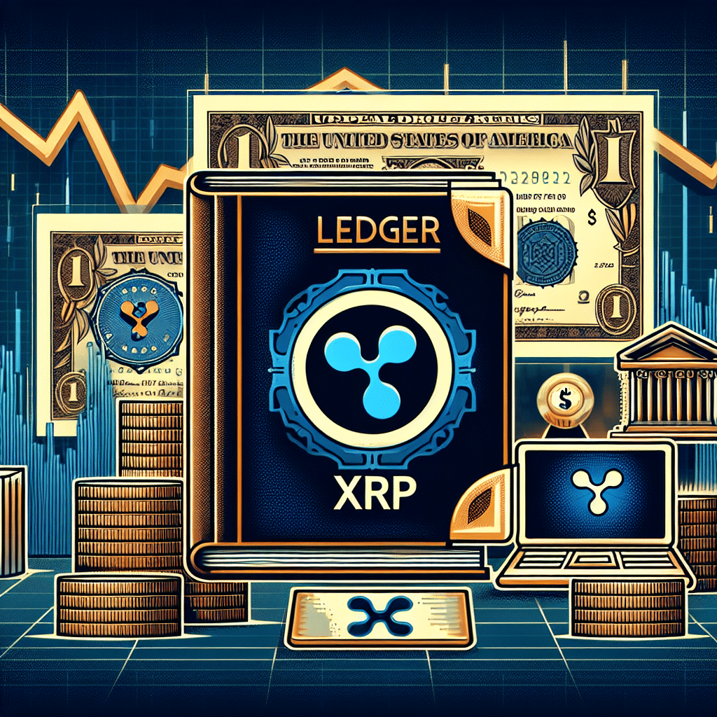 "Ripple XRP symbol displayed on a digital ledger with Guggenheim Partners logo in the backdrop, amidst representations of U.S Treasuries. This image, set against a financial chart illustrating XRP price decline, effortlessly melds themes of cryptocurrency, blockchain technology, and financial market trends. The prominent brand colours of Orange, Dark Blue, and Midnight Blue further add to the overall visual impact."