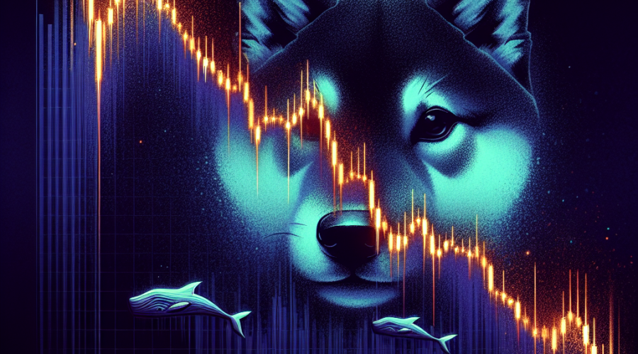 "Dark midnight blue background showing a striking orange descending chart line to represent the falling prices of Shiba Inu cryptocurrency, faintly overlaid with the Shiba Inu logo on the right. Big investor whales illustrated swimming away, reflecting a potential sell-off. Prominently placed dark blue bold text 'Shiba Inu Sell-Off Ahead', with 'Whale Activity & Market Trend' in smaller font below, emphasizing the market conditions."