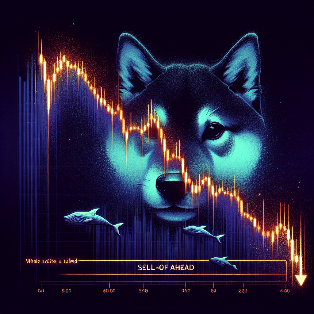 "Dark midnight blue background showing a striking orange descending chart line to represent the falling prices of Shiba Inu cryptocurrency, faintly overlaid with the Shiba Inu logo on the right. Big investor whales illustrated swimming away, reflecting a potential sell-off. Prominently placed dark blue bold text 'Shiba Inu Sell-Off Ahead', with 'Whale Activity & Market Trend' in smaller font below, emphasizing the market conditions."