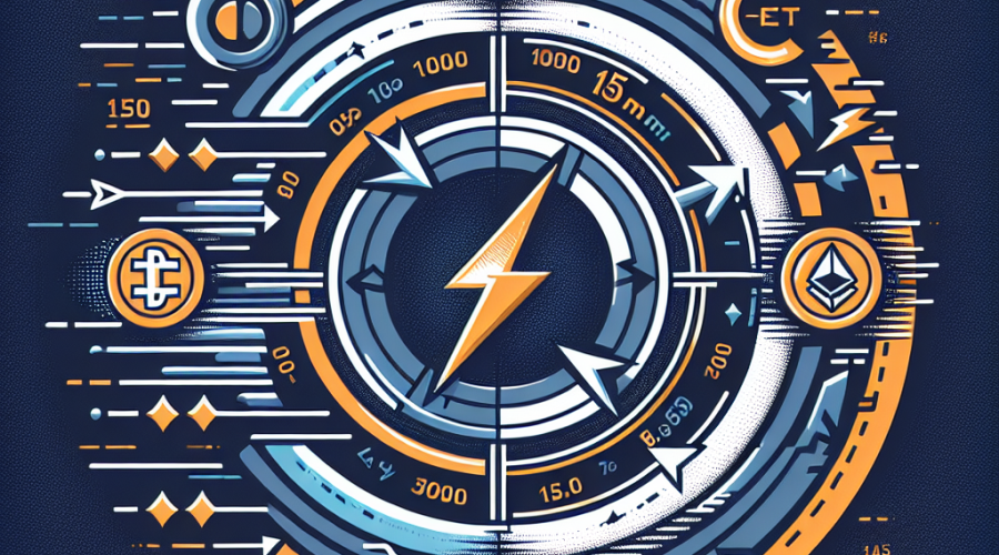 "SEO optimized image illustrating the transformation from Solana's logo to Anza's, symbolically capturing the shift from proof-of-history to proof-of-stake. The image features the high-speed of trading indicated by vibrant lightning-enhanced backdrop, along with a fork representing the Alpenglow hard fork, all set within a 150-millisecond timeline. The color theme is a mixture of brand Orange (#FF9811), Dark Blue (#000D43), and Midnight Blue (#021B88)."