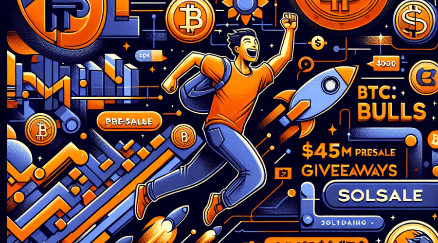 "Imagen representativa que muestra símbolos de Bitcoin y otras criptomonedas, logos ilustrativos de Solaxy y BlockDAG, y una persona emocionada comprando o ganando tokens. Destacan las frases 'Preventa de m de Solaxy', 'Sorteos de BTC Bulls', y 'Batallas de compradores de BDAG'. Predominan los colores naranja (#FF9811), azul oscuro (#000D43), y azul medianoche (#021B88). El tamaño de la imagen es de 1200 x 628 píxeles."