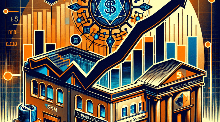"Logo del token TRON en un gráfico de datos financieros con tendencia ascendente, edificio de banco de inversión boutique Dominari Securities, documento que simboliza un acuerdo de compra de valores, símbolos de tecnología y blockchain como nodos de red interconectadas, logo SRM Entertainment Inc., sección de lista Nasdaq mostrando SRM, todo en armonía y en colores de marca Naranja #FF9811, Azul Oscuro #000D43, y Azul Medianoche #021B88 en una proporción de 1200x628 pixeles para una publicación de blog."