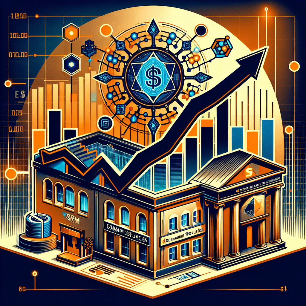 "Logo del token TRON en un gráfico de datos financieros con tendencia ascendente, edificio de banco de inversión boutique Dominari Securities, documento que simboliza un acuerdo de compra de valores, símbolos de tecnología y blockchain como nodos de red interconectadas, logo SRM Entertainment Inc., sección de lista Nasdaq mostrando SRM, todo en armonía y en colores de marca Naranja #FF9811, Azul Oscuro #000D43, y Azul Medianoche #021B88 en una proporción de 1200x628 pixeles para una publicación de blog."