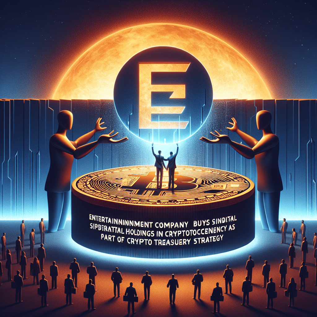 "Digital illustration of SRM Entertainment's merger with TRON; featuring a central logo of TRON embraced by SRM, Justin Sun's advisor figure, and narrative text 'SRM buys 0M in TRON as part of Crypto Treasury Strategy' in Midnight Blue on a gradient backdrop transitioning from Dark Blue to Orange - symbolizing a bright future in cryptocurrency."