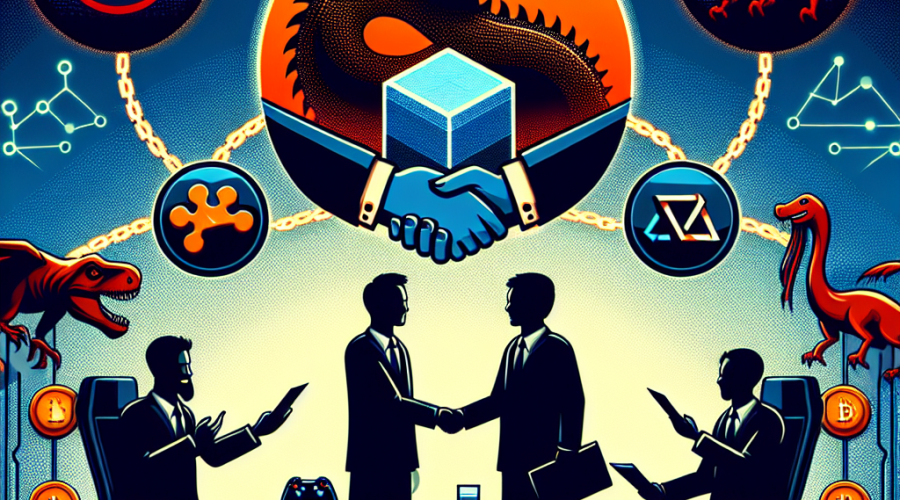 "Orange and midnight blue themed image depicting the Tencent logo, Nexon logo, a handshake representing negotiation, unchained block and game controller symbolizing blockchain gaming, in a dimension of 1200x628 pixels, focusing on Tencent's possible acquisition of Nexon and their ambition in blockchain gaming sector."