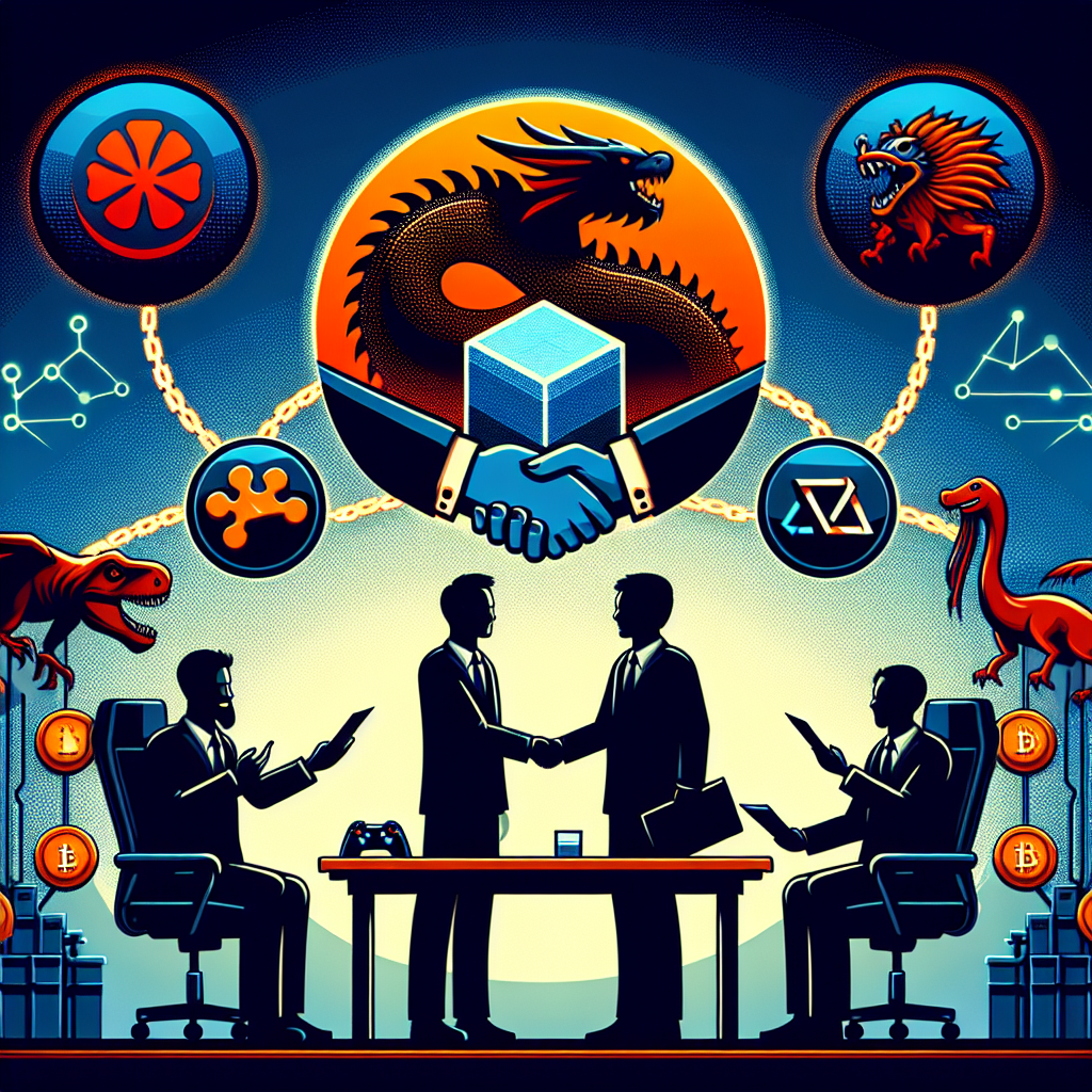 "Orange and midnight blue themed image depicting the Tencent logo, Nexon logo, a handshake representing negotiation, unchained block and game controller symbolizing blockchain gaming, in a dimension of 1200x628 pixels, focusing on Tencent's possible acquisition of Nexon and their ambition in blockchain gaming sector."
