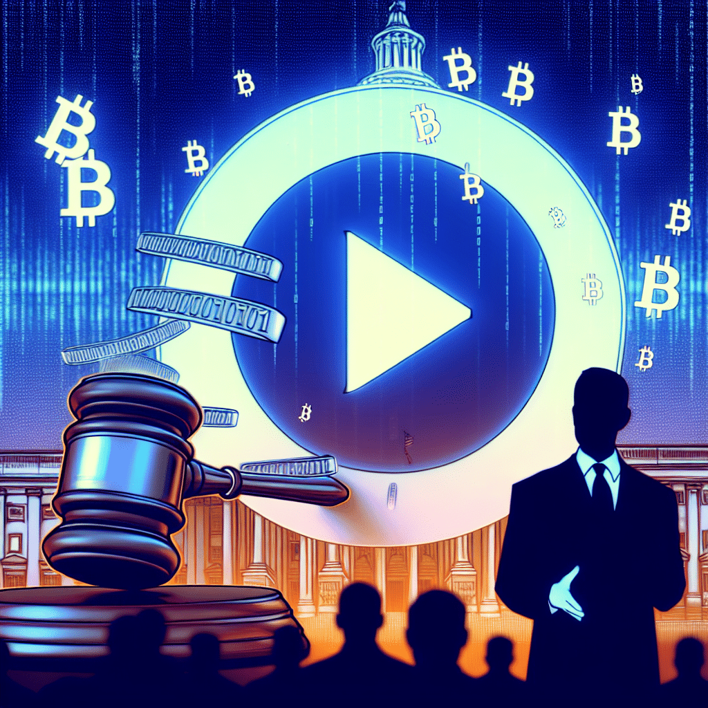 "Logo de TikTok y Donald Trump con memecoins girando a su alrededor en un fondo degradado de azul medianoche (#021B88) y azul oscuro (#000D43), con un martillo de juez alusivo a un debate y el Capitolio de los Estados Unidos en segundo plano para hacer referencia a la acusación del congresista Brad Sherman. Código binario tenue intercalado para indicar la relación con las criptomonedas. Leyenda 'Trump Coins Controversy' en fuente nítida y en negrita con nuestro color de marca naranja (#FF9811) en la parte inferior. Las dimensiones de la imagen son de 1200 x 628 píxeles."