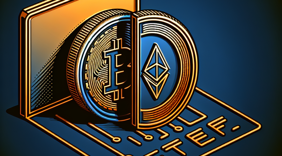 "3D model of Bitcoin and Ether coins on a dark blue background, alongside an ETF icon, symbolizing the merger of these digital assets, overlaid with DJT and Truth Social logos in Orange and caption 'Bitcoin-Ether ETF by Trump Media & Tech Group' in bold, midnight blue font"