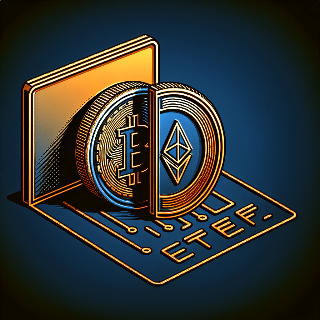 "3D model of Bitcoin and Ether coins on a dark blue background, alongside an ETF icon, symbolizing the merger of these digital assets, overlaid with DJT and Truth Social logos in Orange and caption 'Bitcoin-Ether ETF by Trump Media & Tech Group' in bold, midnight blue font"
