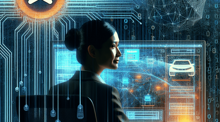 "Uber executive diligently analyzing data sets and AI models on a computer screen, complementing large-scale data labeling operations illustrated with binary code in the background. The subtle presence of Uber logo in a midnight and dark blue color scheme with hints of brand-specific orange creates visual intrigue."