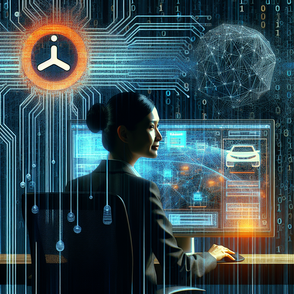 "Uber executive diligently analyzing data sets and AI models on a computer screen, complementing large-scale data labeling operations illustrated with binary code in the background. The subtle presence of Uber logo in a midnight and dark blue color scheme with hints of brand-specific orange creates visual intrigue."