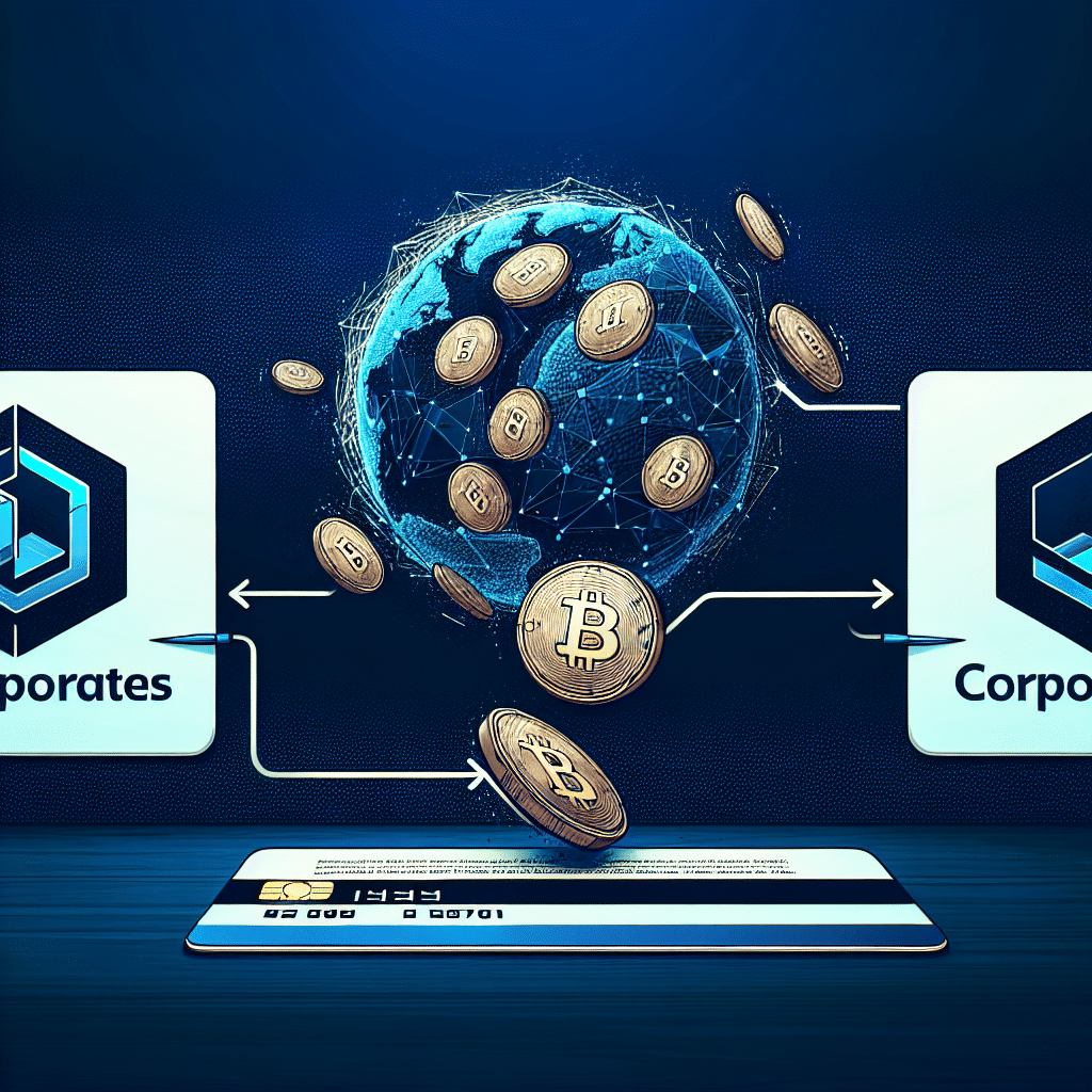 "SEO alt text: Amazon and Walmart logos illustrating the exchange of corporate stablecoins over a credit card, indicating the exploration of stablecoin usage for payment; framed by a Midnight blue (#021B88) border."