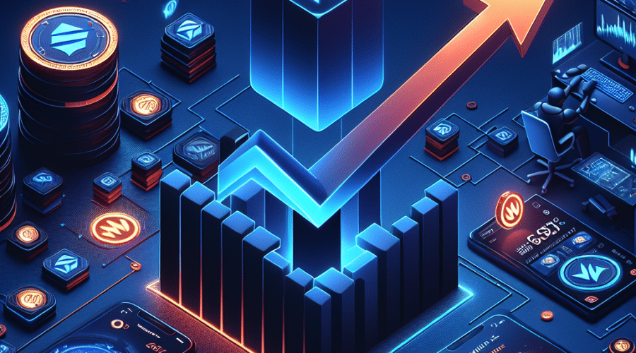 "SEO Alt-Text: Illustration of WEMIX Token's resilience in a volatile market, showcasing a falling and rebounding arrow in the brand's vibrant orange, surrounded by gaming assets and the NFT marketplace against a dark midnight blue background; emphasis on the prominently featured WEMIX logo."