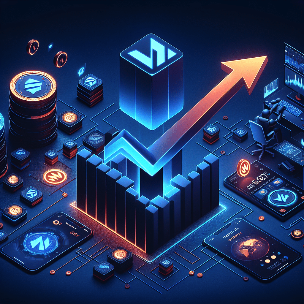 "SEO Alt-Text: Illustration of WEMIX Token's resilience in a volatile market, showcasing a falling and rebounding arrow in the brand's vibrant orange, surrounded by gaming assets and the NFT marketplace against a dark midnight blue background; emphasis on the prominently featured WEMIX logo."