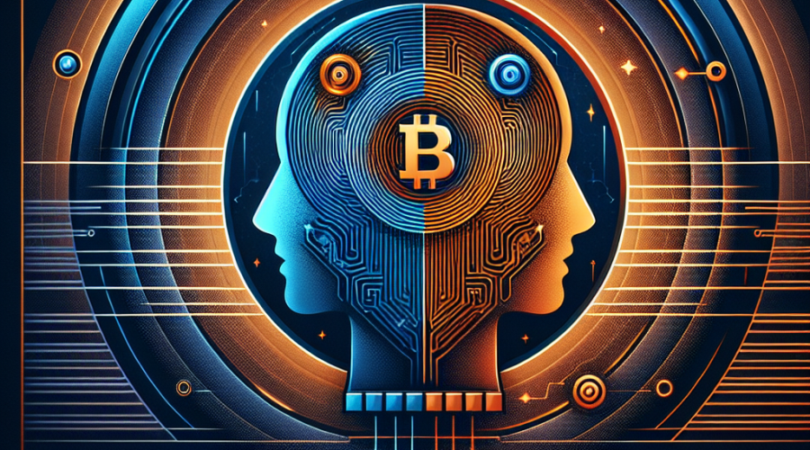 "An innovative, futuristic image of an AI engine symbol and Blockchain symbol merging together, decorated with thought bubble patterns to represent artificial intelligence hallucination or error signals. Artfully set against a backdrop blending dominant Orange with streaks of Dark Blue and Midnight Blue to represent the brand identity. Featuring the powerful text 'Combating AI Hallucinations with Cryptocurrency' in bold dark blue font at the top and 'The Nexus Revolution' in a discreet white font at the bottom. Signifying technological breakthrough in artificial intelligence and cryptocurrency sectors."