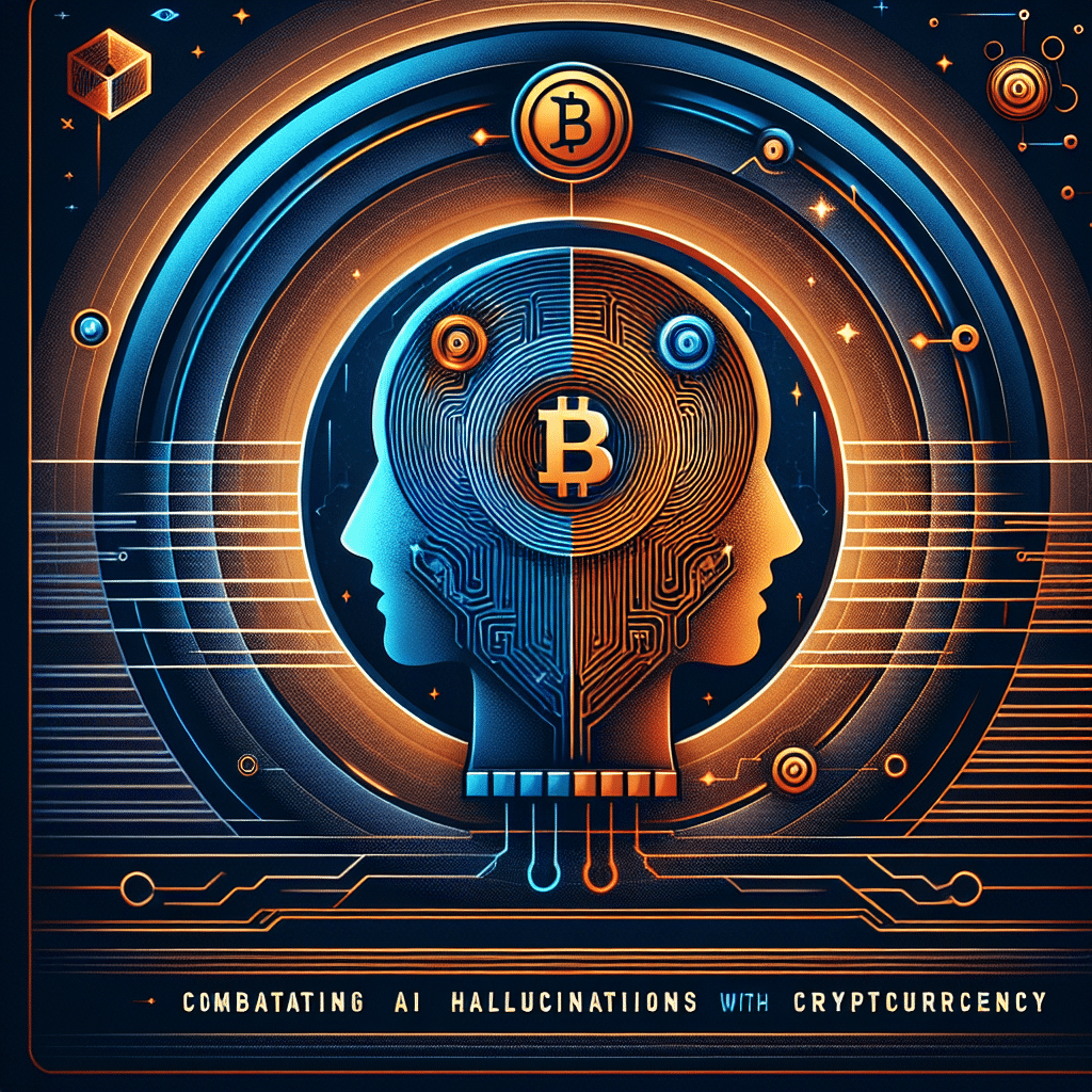 "An innovative, futuristic image of an AI engine symbol and Blockchain symbol merging together, decorated with thought bubble patterns to represent artificial intelligence hallucination or error signals. Artfully set against a backdrop blending dominant Orange with streaks of Dark Blue and Midnight Blue to represent the brand identity. Featuring the powerful text 'Combating AI Hallucinations with Cryptocurrency' in bold dark blue font at the top and 'The Nexus Revolution' in a discreet white font at the bottom. Signifying technological breakthrough in artificial intelligence and cryptocurrency sectors."