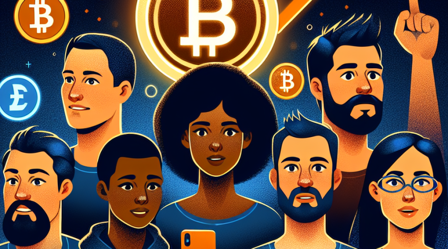 "Digital illustration of diverse individuals expressing interest in cryptocurrencies, their faces illuminated by an upward trending graph of Bitcoin and Ether values on a computer screen. The surge in cryptocurrency interest is symbolized by a huge '2025' symbol, while a symbol of 'knowledge' represents the learning curve. The illustration colorfully highlighted in the branding colors Orange #FF9811, Dark Blue #000D43, and Midnight blue #021B88 with a dark themed background in a 1200 x 628 pixel composition suitable for WordPress blogs."
